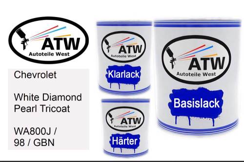 Chevrolet, White Diamond Pearl Tricoat, WA800J / 98 / GBN: 1L Lackdose + 1L Klarlack + 500ml Härter - Set, von ATW Autoteile West.